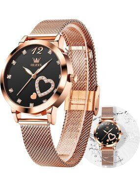 Women Rose Gold And Black Mesh Stainless Steel Slim Thin Waterproof Luxury Watch